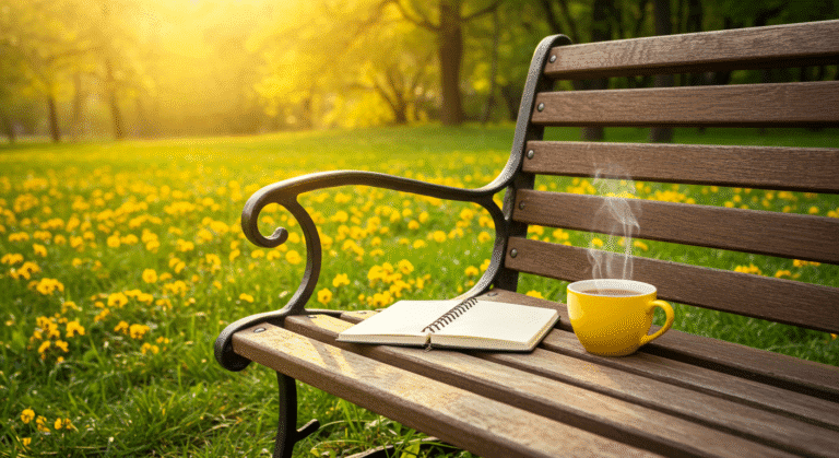 Good afternoon scene with a cup of coffee beside an open notebook on a wooden park bench, surrounded by greenery