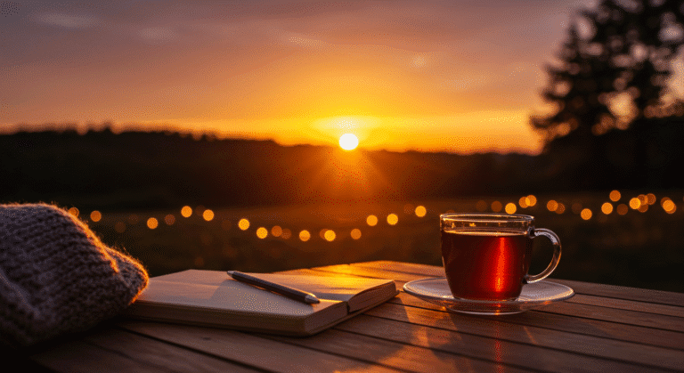 A cup of tea and a notebook sit on a wooden table, illuminated by the warm glow of a sunset, perfect for sharing good evening wishes