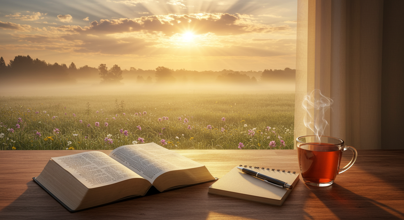 A cup of tea and an open book sit on a table beside a window, illuminated by soft morning light, creating a peaceful scene perfect for sharing good morning blessings and prayers.