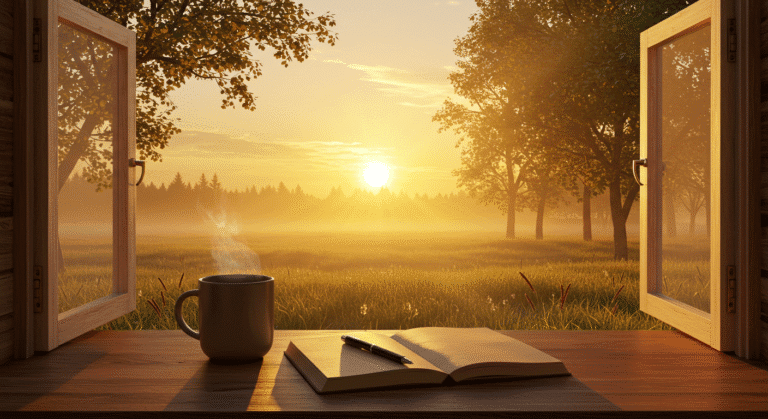 A cup of coffee beside an open Bible on a bedside table, creating a serene morning reading atmosphere with good morning blessings quotes.