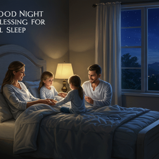 A cozy family moment reading together at night, surrounded by soft lighting and heartfelt good night blessings.