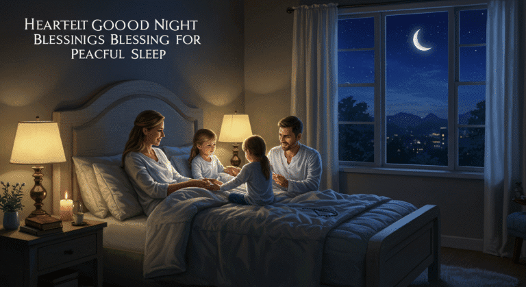 A cozy family moment reading together at night, surrounded by soft lighting and heartfelt good night blessings.