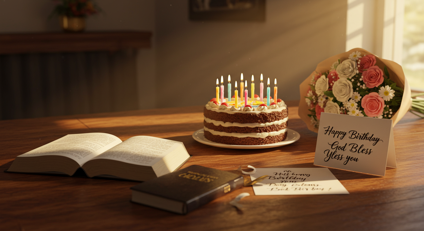 A birthday cake with lit candles sits next to a book on a table, celebrating a special occasion — happy birthday god bless you.