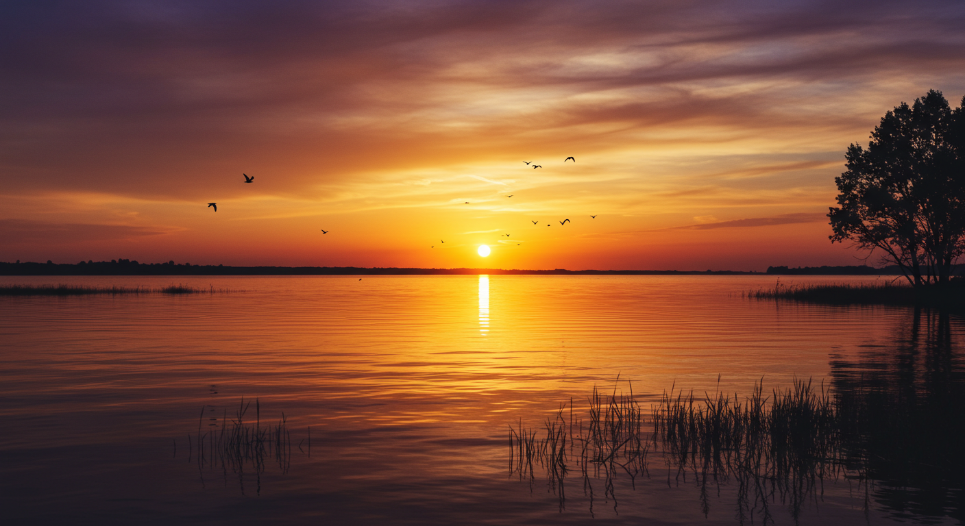 Vibrant sunset reflecting on a lake, with birds soaring gracefully above the water, symbolizing peace and positivity like happy good evening quotes.