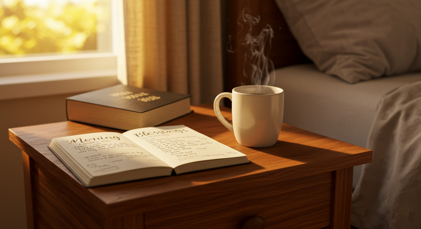 A cup of coffee beside an open Bible on a bedside table, creating a serene morning blessings reading atmosphere.