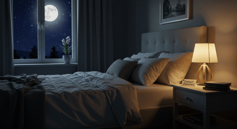 A cozy bedroom featuring a bed, a nightstand, and a window letting in natural light, creating the perfect setting for sharing special good night wishes.