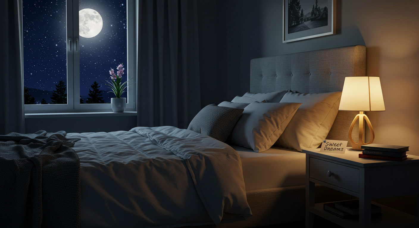 A cozy bedroom featuring a bed, a nightstand, and a window letting in natural light, creating the perfect setting for sharing special good night wishes.