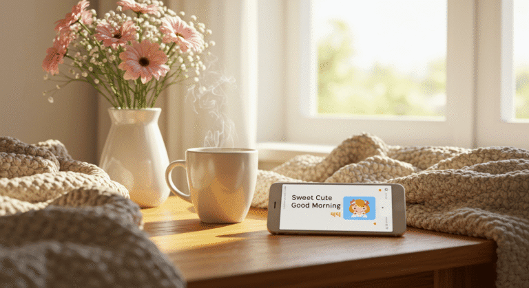 A smart home device sits on a table beside a colorful vase filled with fresh flowers, creating a sweet cute good morning vibe.
