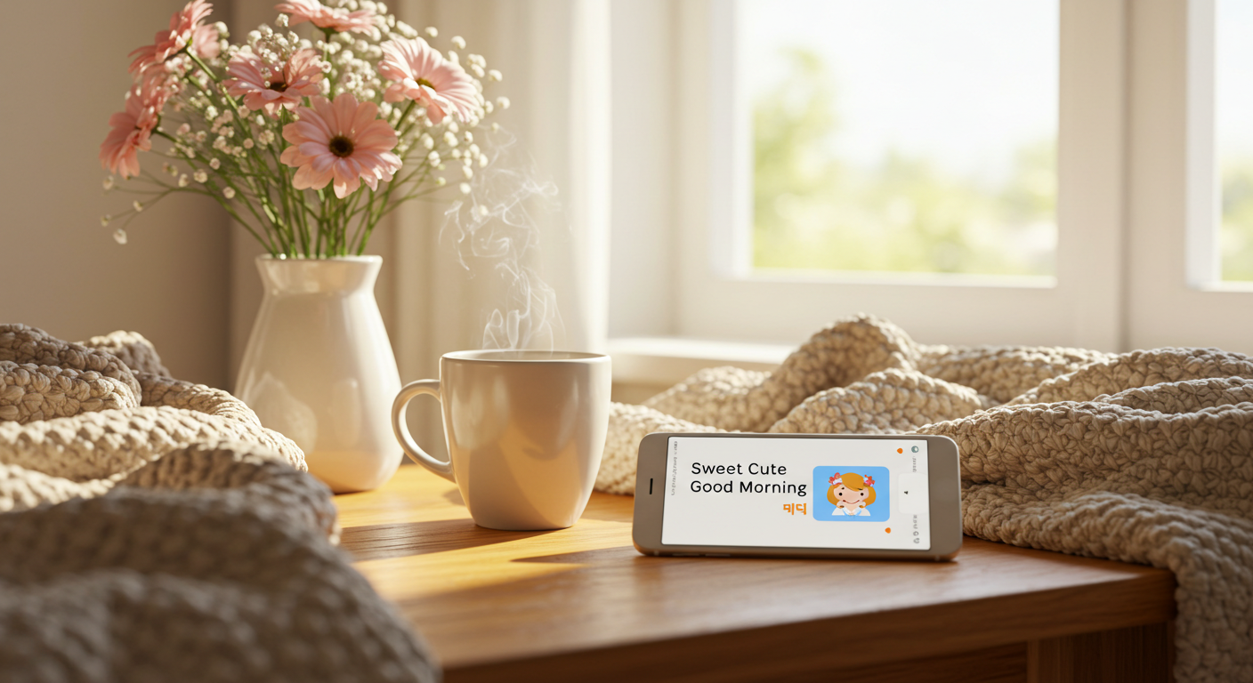 A smart home device sits on a table beside a colorful vase filled with fresh flowers, creating a sweet cute good morning vibe.