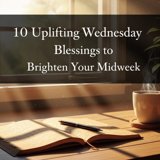 A cozy morning scene with sunlight streaming through a window onto a wooden table. A steaming cup of coffee sits beside an open journal and pen. Text overlay reads, "10 Uplifting Wednesday Blessings to Brighten Your Midweek." The atmosphere is warm and peaceful.