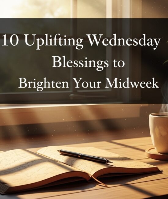 A cozy morning scene with sunlight streaming through a window onto a wooden table. A steaming cup of coffee sits beside an open journal and pen. Text overlay reads, "10 Uplifting Wednesday Blessings to Brighten Your Midweek." The atmosphere is warm and peaceful.