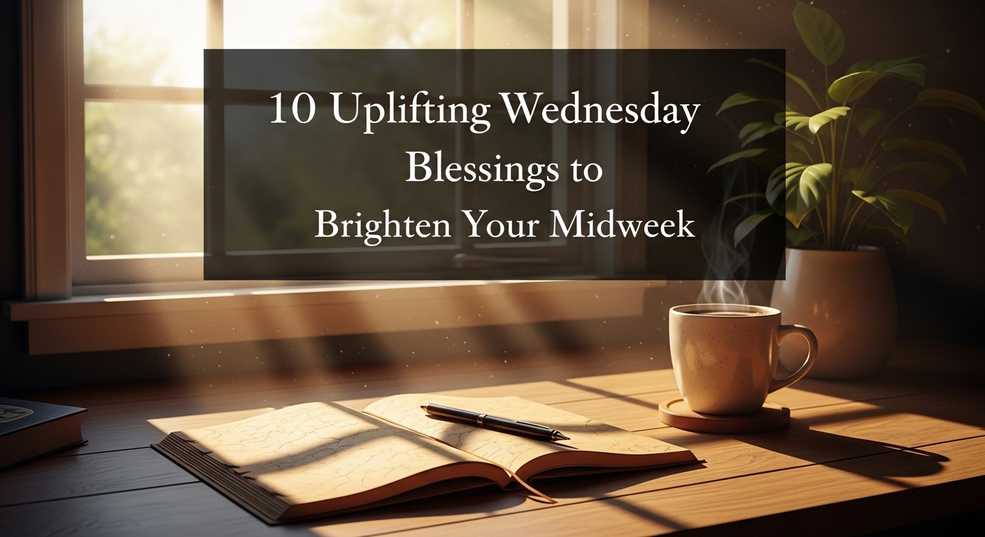 A cozy morning scene with sunlight streaming through a window onto a wooden table. A steaming cup of coffee sits beside an open journal and pen. Text overlay reads, "10 Uplifting Wednesday Blessings to Brighten Your Midweek." The atmosphere is warm and peaceful.