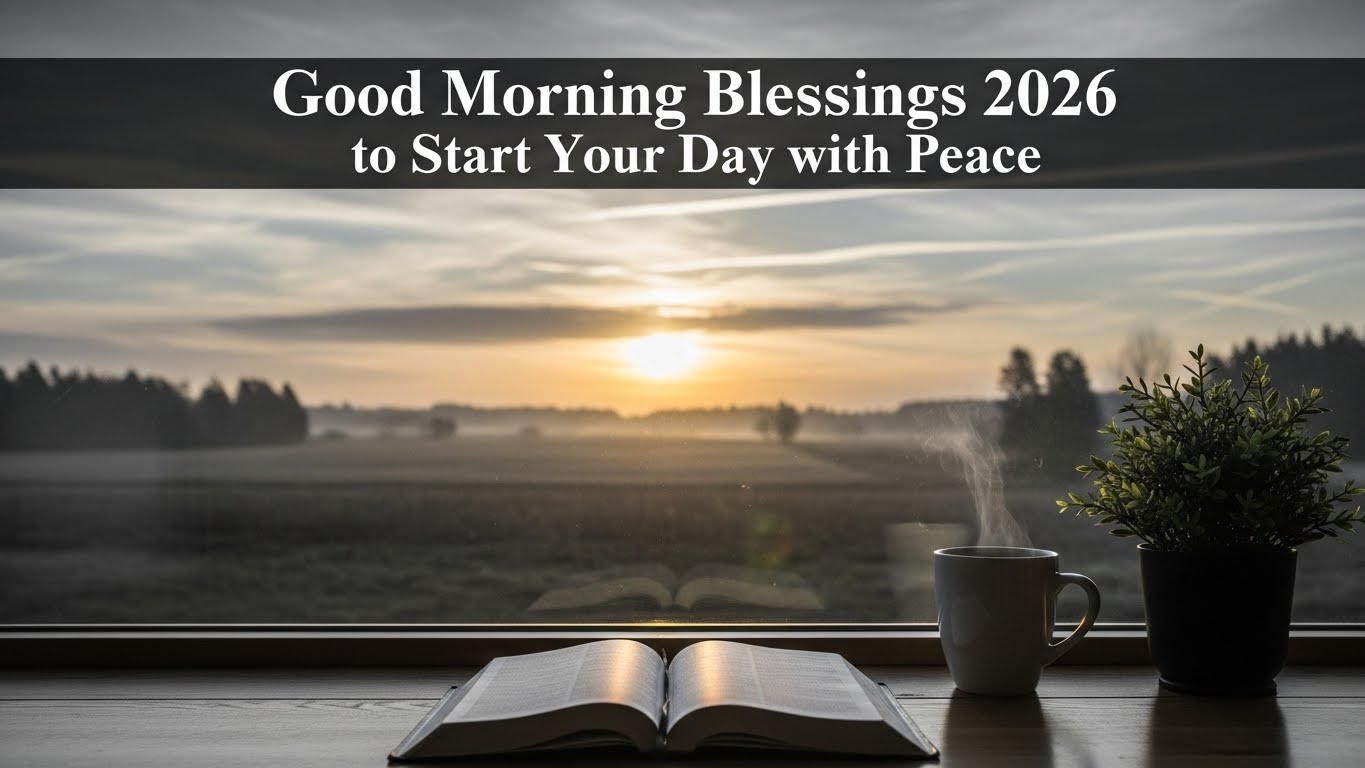 Serene sunrise through a window with a steaming mug, open book, and potted plant, symbolizing good morning blessings.