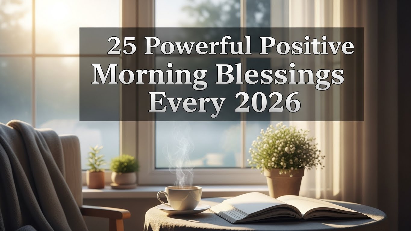 Cozy morning scene with sunlight streaming through a window. A steaming mug, an open book, and plants sit on a table, conveying warmth and tranquility. Text reads, "25 Powerful Positive Morning Blessings for 2026.