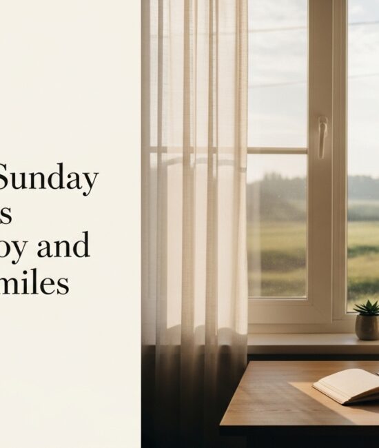 Peaceful Sunday morning scene with warm sunlight, coffee, and flowers, representing calm Sunday wishes and a gentle start to the day.