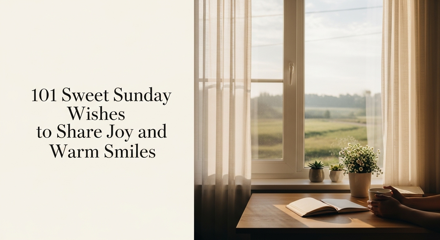 Peaceful Sunday morning scene with warm sunlight, coffee, and flowers, representing calm Sunday wishes and a gentle start to the day.