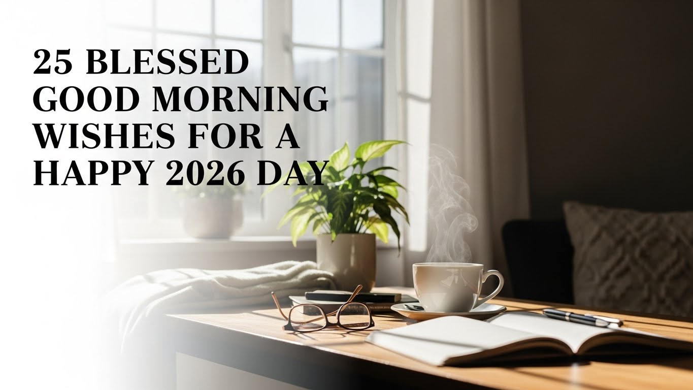 Cozy morning scene with steaming coffee, open notebook, pen, and glasses on a sunlit table by a window with a plant. Text reads 25 Blessed Good Morning Wishes for a Happy 2026 Day.
