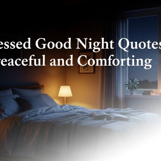 A cozy bedroom at night with a lit lamp, candles, and a window showing a crescent moon. Text reads: "27 Blessed Good Night Quotes for Peaceful and Comforting."