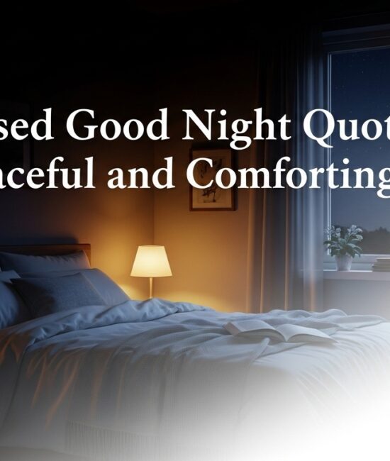 A cozy bedroom at night with a lit lamp, candles, and a window showing a crescent moon. Text reads: "27 Blessed Good Night Quotes for Peaceful and Comforting."