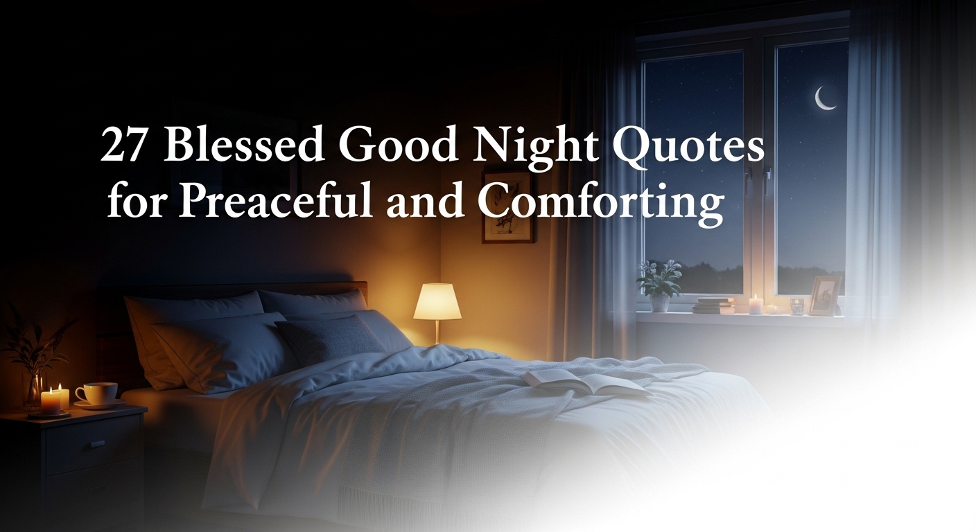 A cozy bedroom at night with a lit lamp, candles, and a window showing a crescent moon. Text reads: "27 Blessed Good Night Quotes for Peaceful and Comforting."