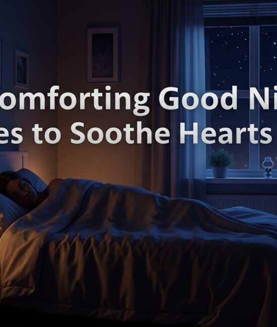 A person sleeps peacefully in a cozy, dimly lit bedroom with a bedside lamp, starry night visible through the window. Text overlay: "50 Comforting Good Night Messages to Soothe Hearts Tonight."