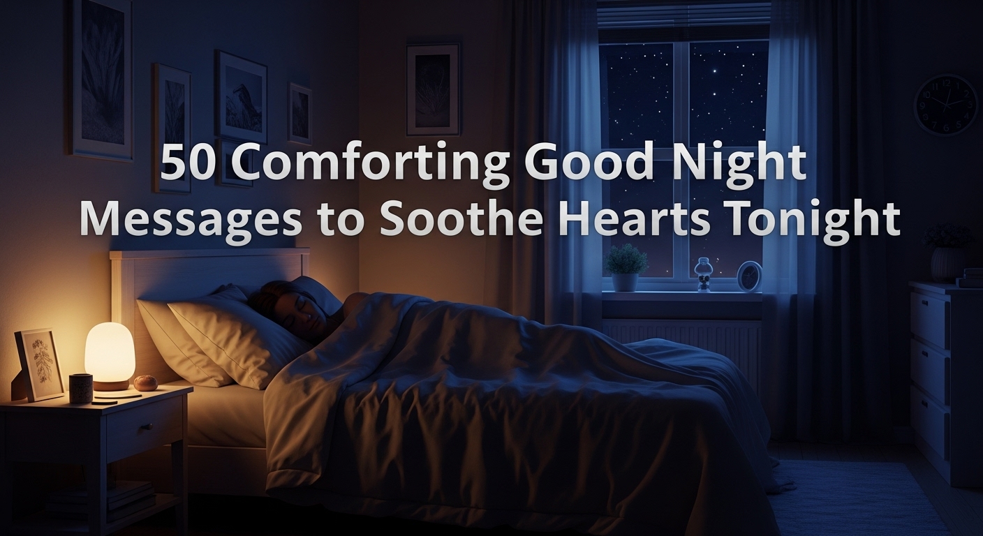 A person sleeps peacefully in a cozy, dimly lit bedroom with a bedside lamp, starry night visible through the window. Text overlay: "50 Comforting Good Night Messages to Soothe Hearts Tonight."