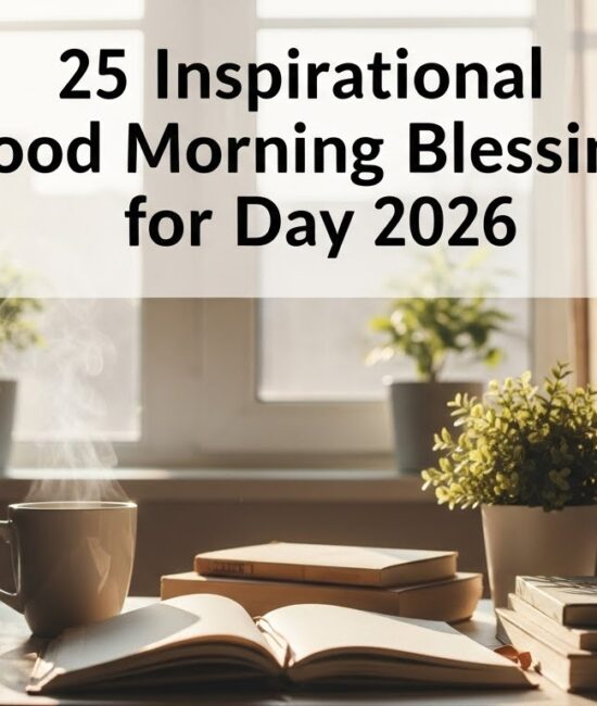Cozy morning scene with books, a coffee cup, and a potted plant on a sunlit table. Text reads "25 Inspirational Good Morning Blessings for Day 2026," evoking a peaceful and inspiring tone.