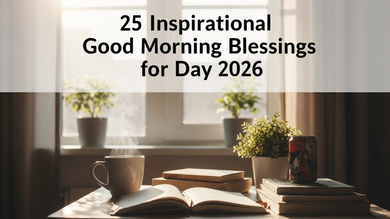 Cozy morning scene with books, a coffee cup, and a potted plant on a sunlit table. Text reads "25 Inspirational Good Morning Blessings for Day 2026," evoking a peaceful and inspiring tone.