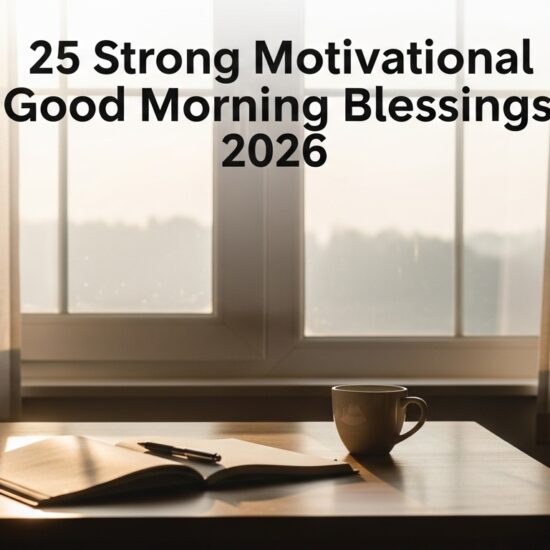 Cozy morning scene with a coffee cup and open book on a wooden table by a window. Soft curtains frame the view. Text reads "25 Strong Motivational Good Morning Blessings 2026.