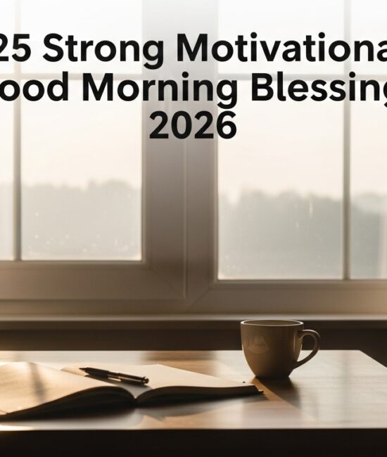 Cozy morning scene with a coffee cup and open book on a wooden table by a window. Soft curtains frame the view. Text reads "25 Strong Motivational Good Morning Blessings 2026.