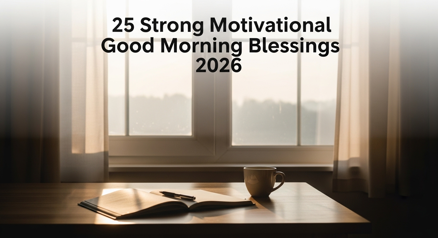 Cozy morning scene with a coffee cup and open book on a wooden table by a window. Soft curtains frame the view. Text reads "25 Strong Motivational Good Morning Blessings 2026.