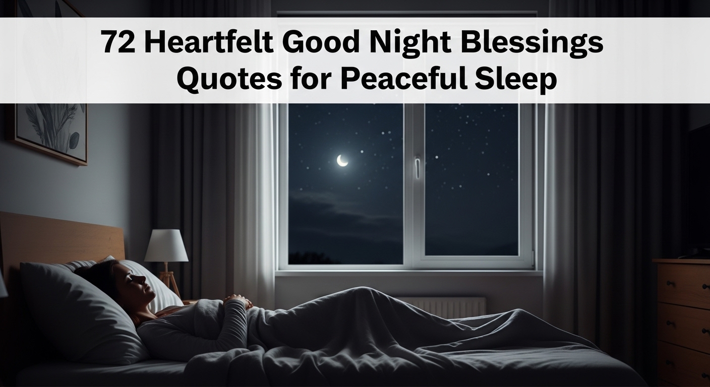 A person peacefully sleeps in a dimly lit bedroom, with a crescent moon visible through the window. Text overlay reads, "72 Heartfelt Good Night Blessings Quotes for Peaceful Sleep."