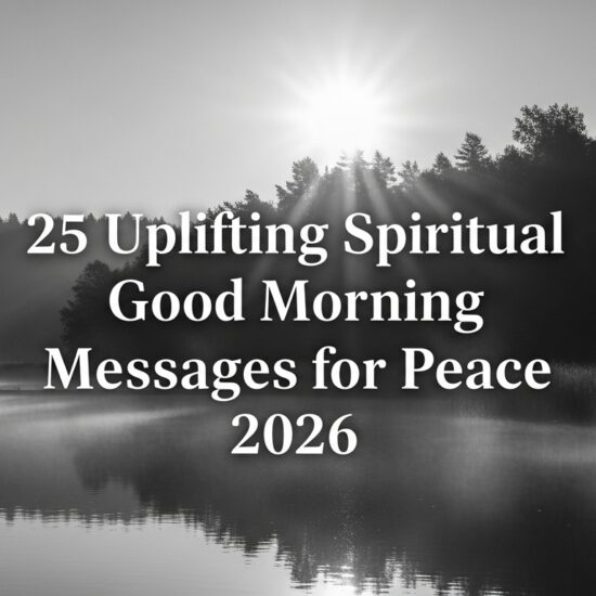 Serene black-and-white image of a misty lake at sunrise with trees in silhouette. Text reads "25 Uplifting Spiritual Good Morning Messages for Peace 2026."