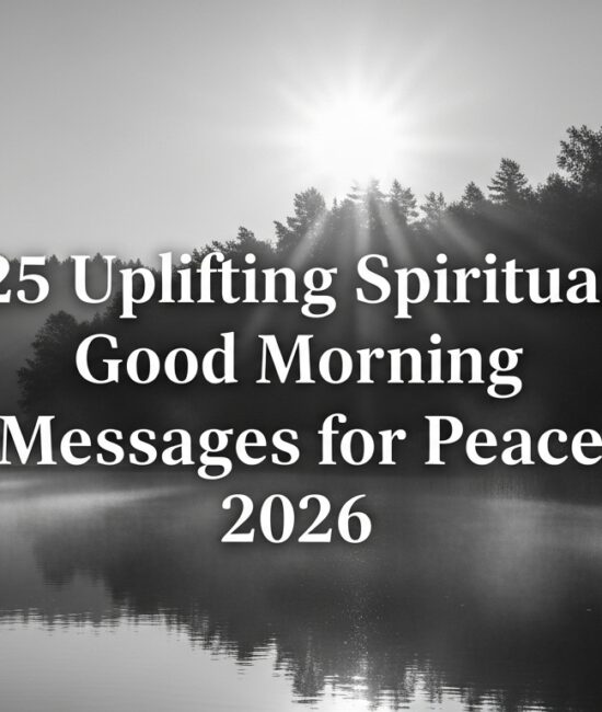 Serene black-and-white image of a misty lake at sunrise with trees in silhouette. Text reads "25 Uplifting Spiritual Good Morning Messages for Peace 2026."