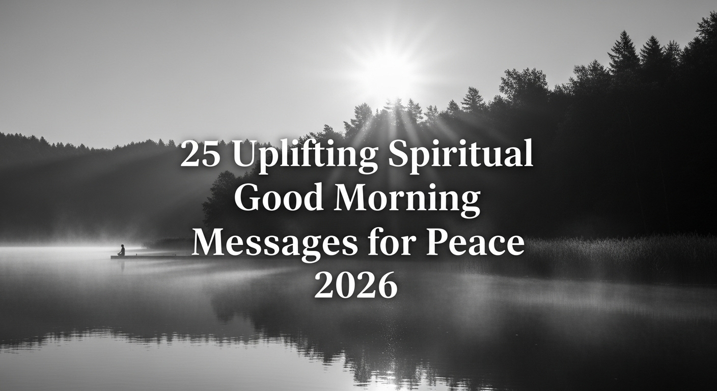 Serene black-and-white image of a misty lake at sunrise with trees in silhouette. Text reads "25 Uplifting Spiritual Good Morning Messages for Peace 2026."