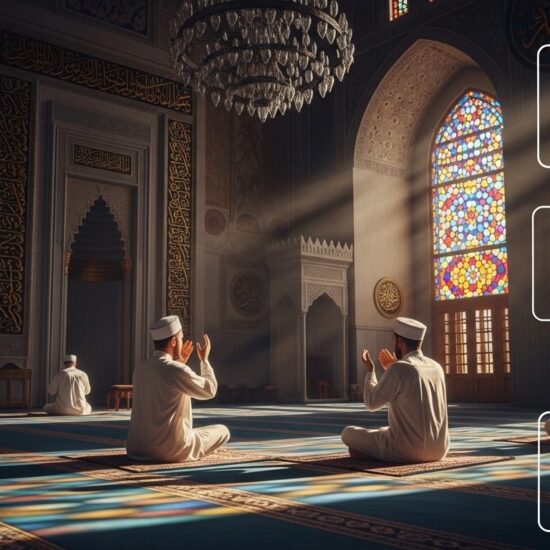Men in traditional attire pray in an ornate mosque with colorful stained glass windows. Text overlays: "Jummah Mubarak," "May your prayers be answered," "Blessings of Friday."