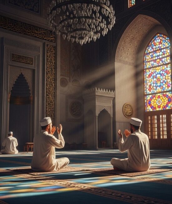 Men in traditional attire pray in an ornate mosque with colorful stained glass windows. Text overlays: "Jummah Mubarak," "May your prayers be answered," "Blessings of Friday."