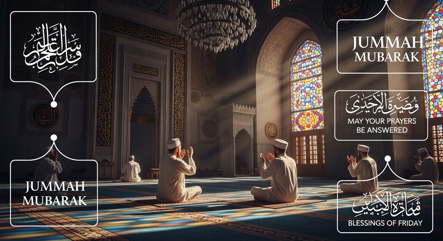 Men in traditional attire pray in an ornate mosque with colorful stained glass windows. Text overlays: "Jummah Mubarak," "May your prayers be answered," "Blessings of Friday."