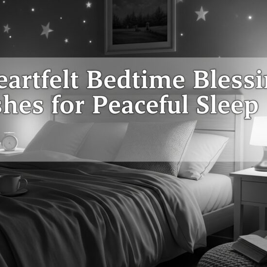 A cozy bedroom with a neatly made bed and a glowing lamp on a nightstand. The wall displays stars and a picture, creating a peaceful ambiance. Text overlay reads, "25 Heartfelt Bedtime Blessing Wishes for Peaceful Sleep."