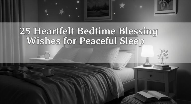 A cozy bedroom with a neatly made bed and a glowing lamp on a nightstand. The wall displays stars and a picture, creating a peaceful ambiance. Text overlay reads, "25 Heartfelt Bedtime Blessing Wishes for Peaceful Sleep."