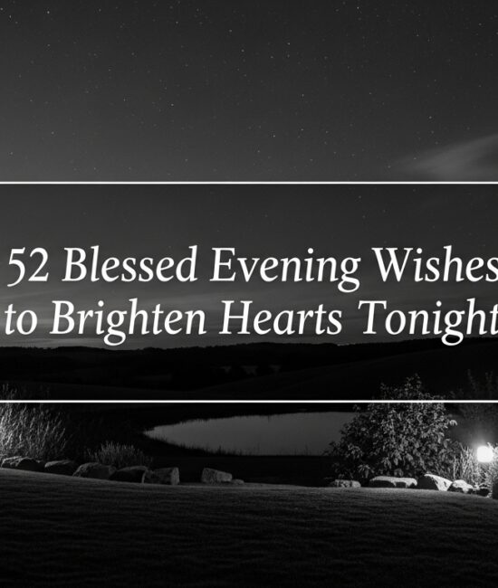A serene nighttime landscape with stars, bushes, and a dimly lit path. Text reads "52 Blessed Evening Wishes to Brighten Hearts Tonight."