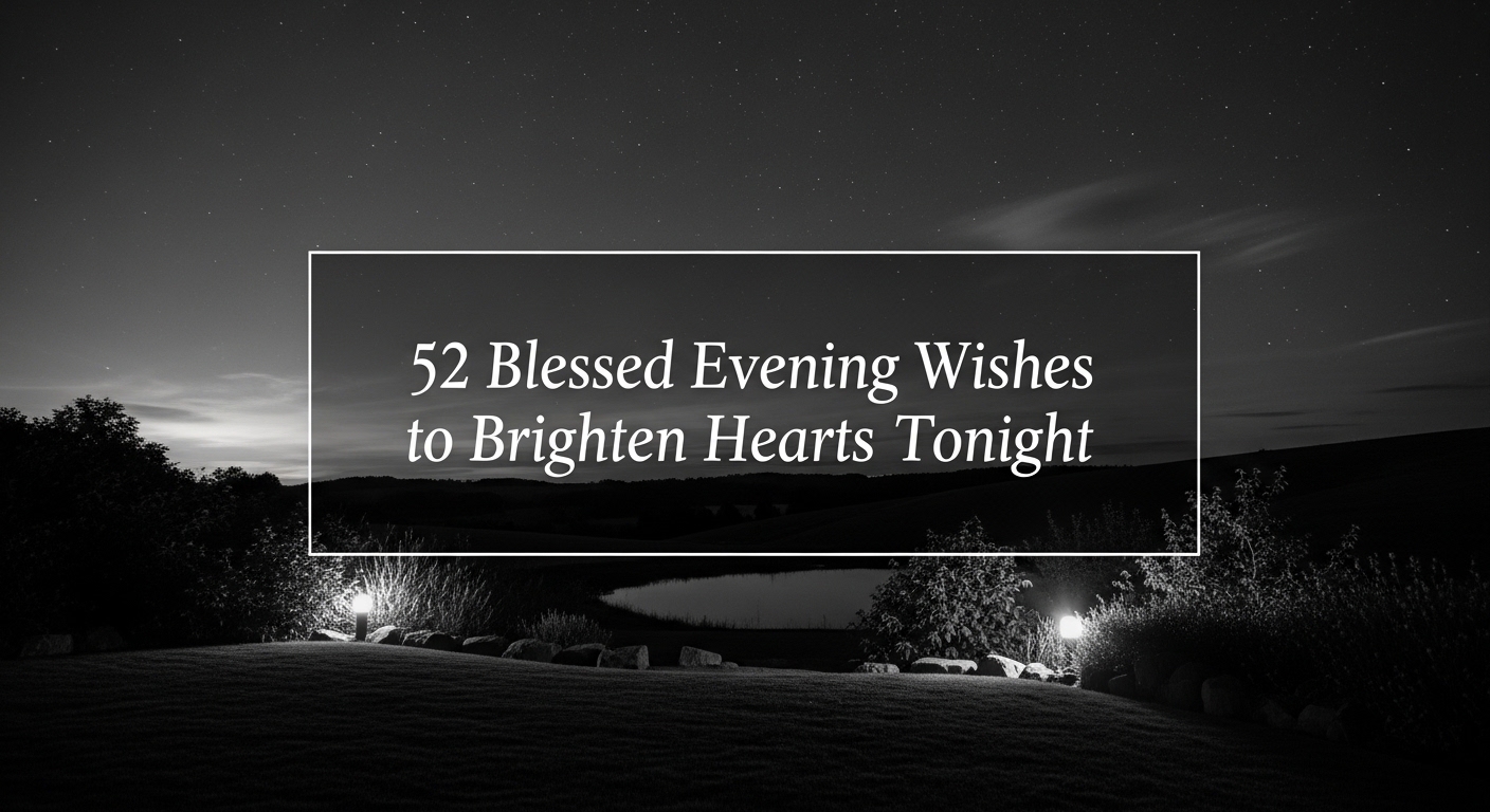 A serene nighttime landscape with stars, bushes, and a dimly lit path. Text reads "52 Blessed Evening Wishes to Brighten Hearts Tonight."