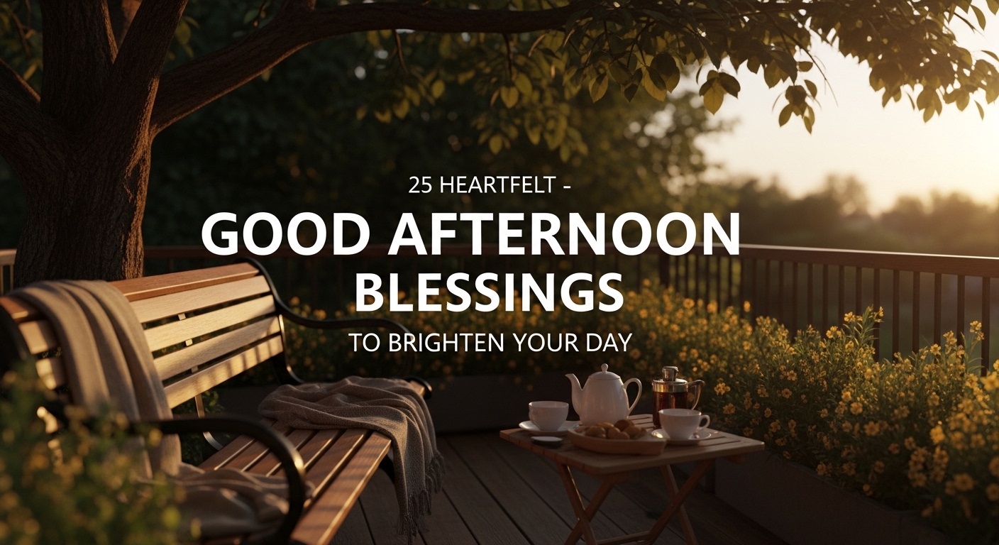 A serene outdoor scene with a wooden bench and a cozy blanket under a tree. A sunny afternoon casts warm light on flowers and a tea set on the table. Text overlay: "25 Heartfelt Good Afternoon Blessings to Brighten Your Day."