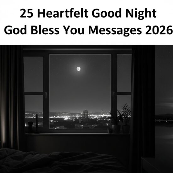 A dimly lit bedroom with a moonlit city view through a large window. A lamp glows softly on a bedside table. Text above reads, "25 Heartfelt Good Night God Bless You Messages 2026." The mood is serene and reflective.