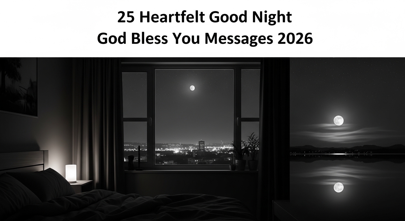A dimly lit bedroom with a moonlit city view through a large window. A lamp glows softly on a bedside table. Text above reads, "25 Heartfelt Good Night God Bless You Messages 2026." The mood is serene and reflective.