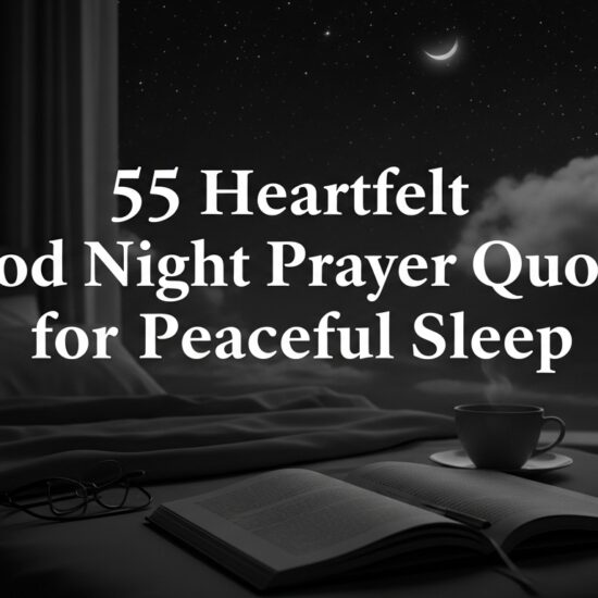 A cozy bedroom with an open book and glasses on the bed, a cup on the nightstand, under a starry night sky with a crescent moon and clouds. Text reads, "55 Heartfelt Good Night Prayer Quotes for Peaceful Sleep." The mood is serene and calming.