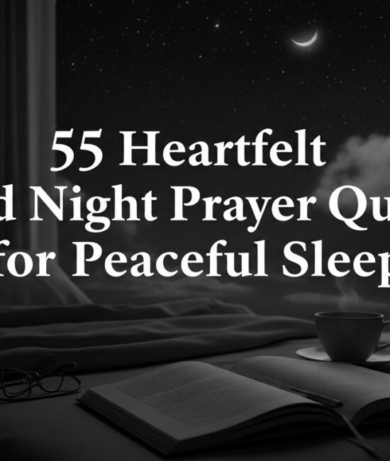 A cozy bedroom with an open book and glasses on the bed, a cup on the nightstand, under a starry night sky with a crescent moon and clouds. Text reads, "55 Heartfelt Good Night Prayer Quotes for Peaceful Sleep." The mood is serene and calming.