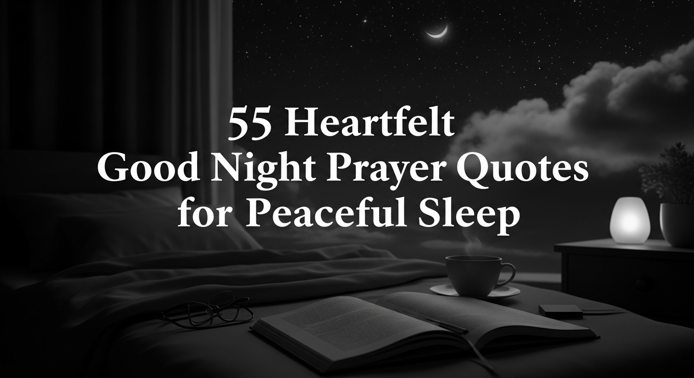 A cozy bedroom with an open book and glasses on the bed, a cup on the nightstand, under a starry night sky with a crescent moon and clouds. Text reads, "55 Heartfelt Good Night Prayer Quotes for Peaceful Sleep." The mood is serene and calming.