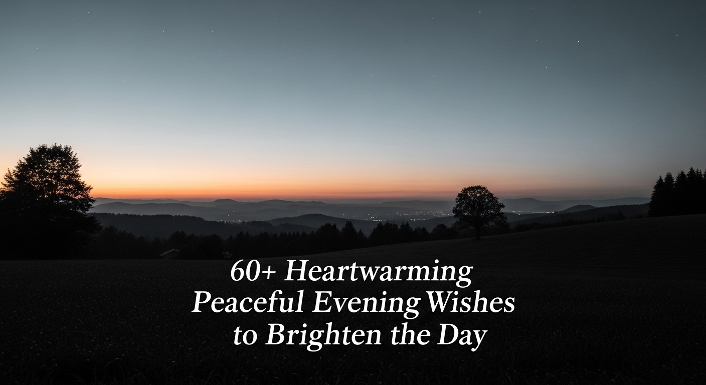Sunset over rolling hills with a darkening sky. Silhouetted trees are visible, and the text reads: "60+ Heartwarming Peaceful Evening Wishes to Brighten the Day."