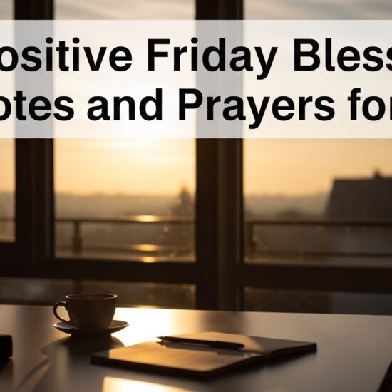 A serene image of a table with a coffee cup and notebook, set against a sunrise view through windows. Text reads: "120 Positive Friday Blessings Quotes and Prayers for Joy."